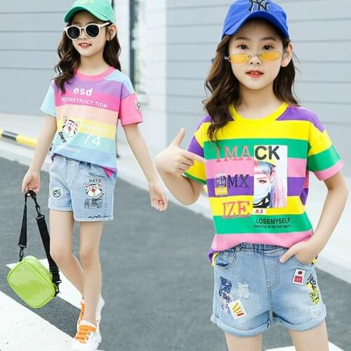 Summer Girls 2pcs Clothes Sets Cartoon Short-sleeved T-shirt And Denim Shorts Pants Suits Children Clothing Set Kids Clothes