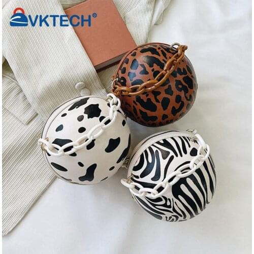 Fashion Animal Pattern Printing PU Leather Spherical Shape Crossbody Shoulder Messenger Bag Casual Ladies Chain Mini Handbags
