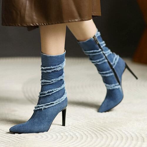 Fashion Denim Ankle Boots Spring Autumn Women Boots Sexy Super High Heel Booties Pointed Toe Zipper Winter Woman Boots Shoes
