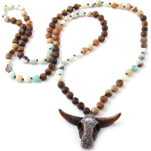 MOODPC Fashion Jewelry 108 Beads Multi Stone Knotted Pave Crystal Horn Pendant Necklace Wome Yoga Necklace