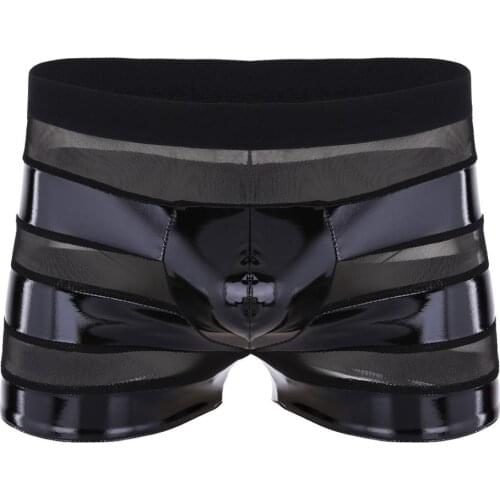 IEFiEL Male Mens Lingerie Wetlook Faux Leather Mesh Patchwork Stripe Low Rise Boxer Shorts Underwear Underpants Sexy Panties
