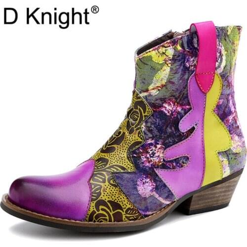 2020 New Vintage Casual Genuine Leather Embroidery Womens Western Boot Classic Print Belt Ladies High-End Ankle Boots For Woman