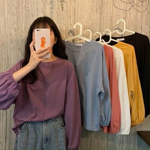 Spring 2021 new Korean loose Style Lantern Sleeve thin long sleeve T-shirt womens student top