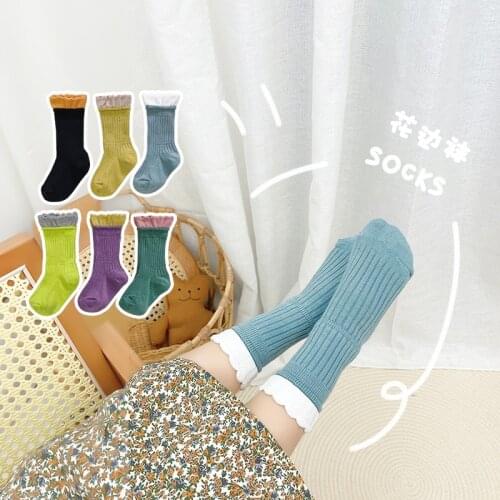 2021 Autumn New 6 Pairs Childrens Socks Wholesale Baby Girls Pure Color Lace Cotton Socks Lovely Princess Socks