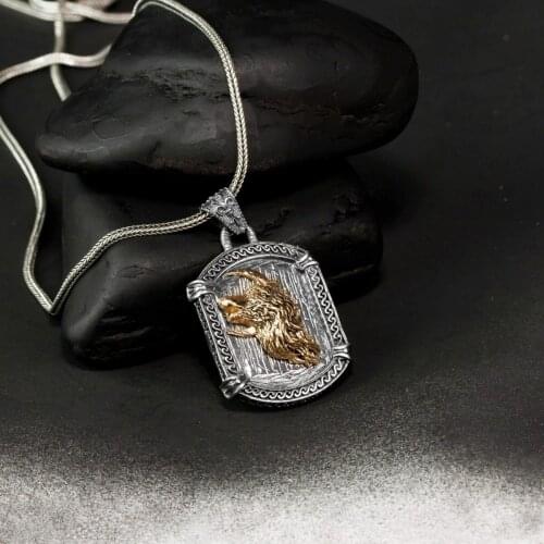 Special Design Vintage Crescent Moon and Wolf Figured 925 K Silver Male Necklace