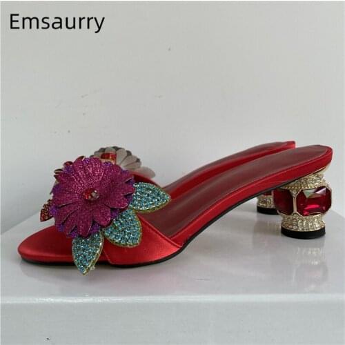Bling Sequins Crystal Flower Sandals Women Summer Diamond Rhinestone Heel Slingbacks Luxury Satin Mules For Girls