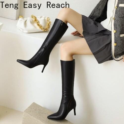 Women Faux Leather Knee High Boots Pointed Toe Thin Heel Boot Slip on Party Club Winter Ladies Footwear Stiletto Botas Mujer 43