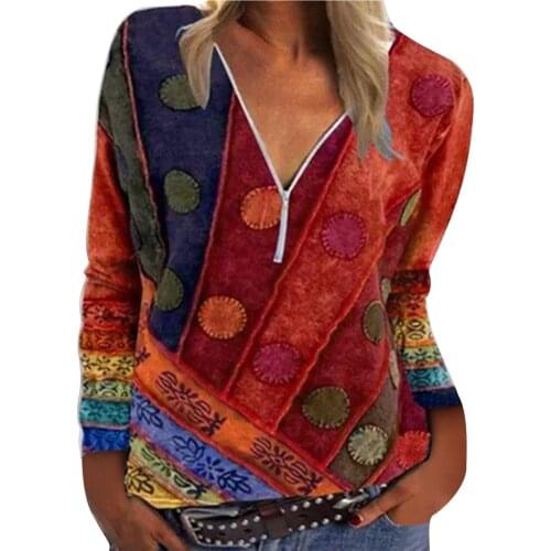 Ladies Vintage Zipper Up T Shirts Harajuku Graphic Tee Casual Patchwork Printed V-neck Pullover Autumn Beach Long Sleeve Tshirts