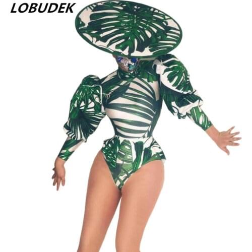 Female DJ Jazz Modern Dance Costume Green 3D Printed Tailcoat+Shorts+Hat Outfit Set Nightclub Bar Party Show Singer Stage Wear