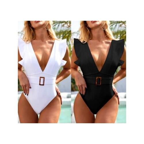 2021 Ruffle Backless Deep V-neck Swimsuit Female Sexy One Piece Bodysuit Solid White Swimwear Women Belt Bathing Suit