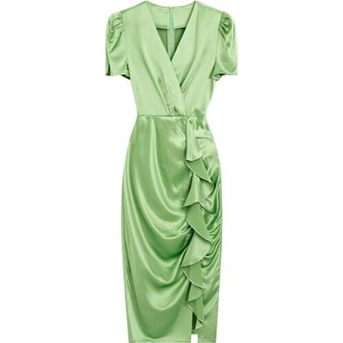 V-Neck Lively Green Purple Red Color Summer Woman Dress Pleated Ruffle Elegant Business Lady Pencil Skirt Acetate Slim OL Skirts