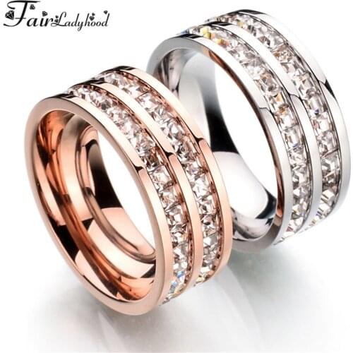 FairLadyHood Two Row Crystal Ring For Women Silver Color Rose Color Stainless Steel Wedding Engagement Band Rings Femme