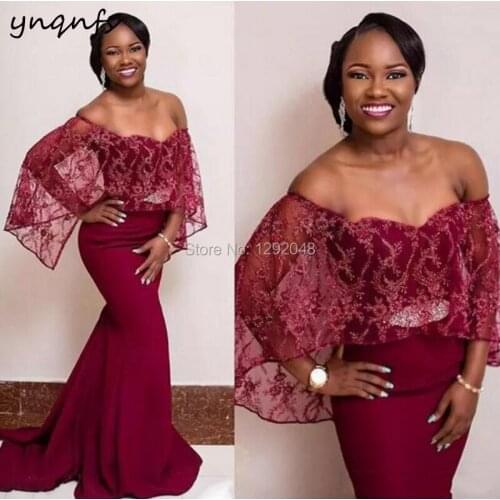 YNQNFS M173 Burgundy Mermaid Dress Elegant Formal Dress Off Shoulder Cape Sleeve Lace Mother of the Bride Groom Dresses 2019