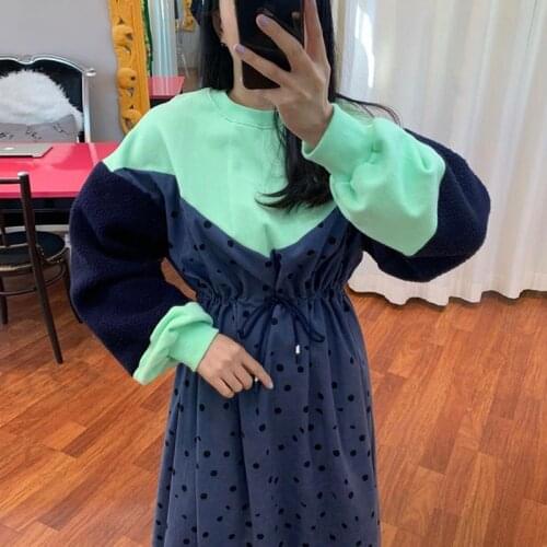 Contrast Color Wave Point Splicing Lamb Wool Dress Puff Sleeve Round Collar Belt Collect Waist Dresses for Women