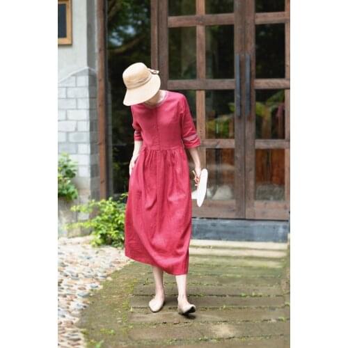 Women Loose Patchwork Linen Dress Ladies Vintage Half Sleeve Flax Dresses Female 2020 Summer Autumn Dress