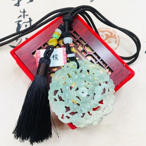 Zheru natural nephrite carved light green hollow Fu Lushou pendant with tassel necklace men and women sweater chain