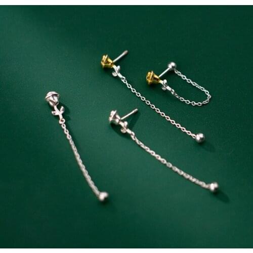1Pair Real. 925 Sterling Silver jewelry Ear-Bone Rose Flower Chain Tassel Ear earrings dangle C-G9387