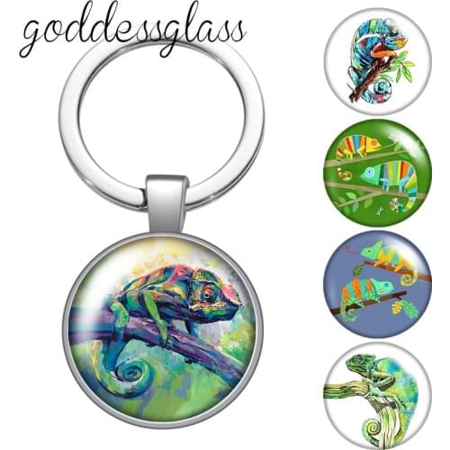Cute Animals Green lizard drawings style Photo glass cabochon keychain Bag Car key chain Ring Holder Charms keychains gift