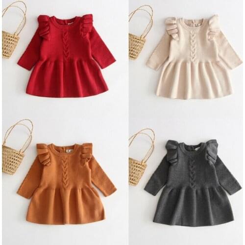 Kids Baby Girls Tops Dress Ruffles Long Sleeve Solid Knit Warm Dress A-Line Dress Outfit Autumn Winter Baby Girls Clothes