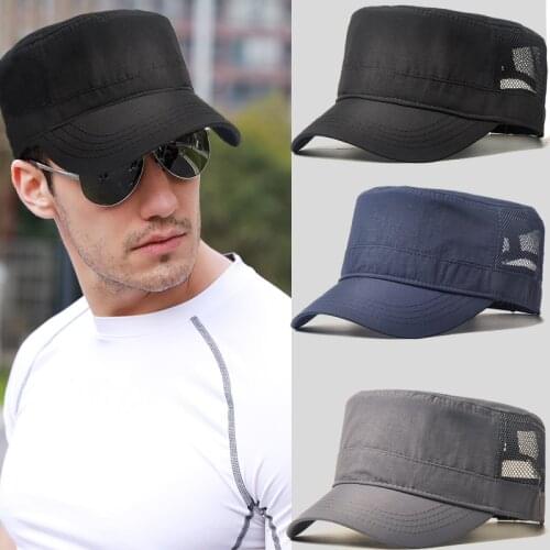 Large size mesh flat top caps adult summer outdoors causal army sun hat men big size polyester military cap 55-60cm 60-66cm
