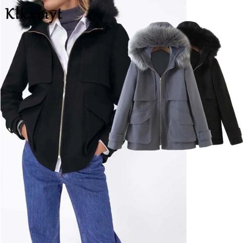Klkxmyt Za Winter Jacket Women 2021 Fashion Fur Collar Hooded Jacket Coat Vintage Long Sleeve Pockets Female Outerwear Chic Tops