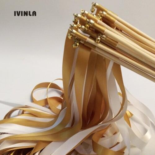 Newest 50pcs/lot gold & white stain ribbon wedding stick wands With gold Bells