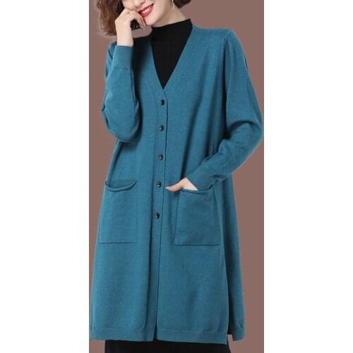 2021 Autumn Winter New Womens Medium-long Knitted Coats Female V-neck Sweater Jackets Ladies Loose Cardigan Outerwear T556