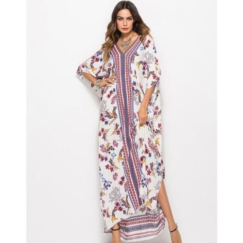 New Printed Bohemian Women Maxi Dress Batwing Sleeve Holiday Beach Wear Fashion Muslim Abaya Dubai Arabic Moroccan Robe