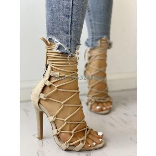 Nude Pink Black Red Cross Tied Thin High Heel Sandals Bungee Cord Ankle Strap Stiletto Heel Sandals Open Toe Lace Up Women Shoes