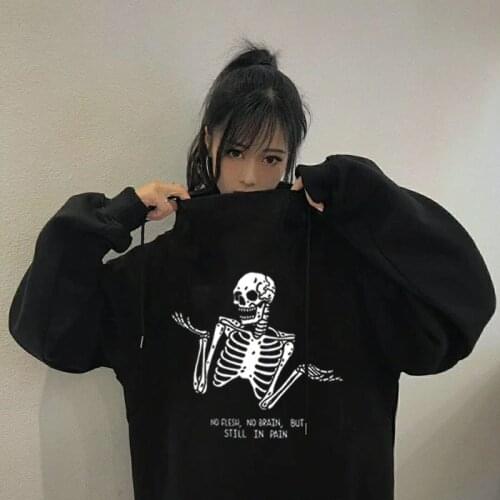 Harajuku Hooded Sweatshirt Retro Skeleton Print Women Hoodies Long Sleeve Sweatshirt Streetwear Female Tops hoodie clothes size