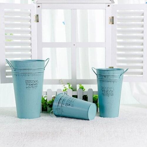 Vintage Old Tin Flower Bucket Home Gardening Decoration Home Decor Wrought Iron Vase