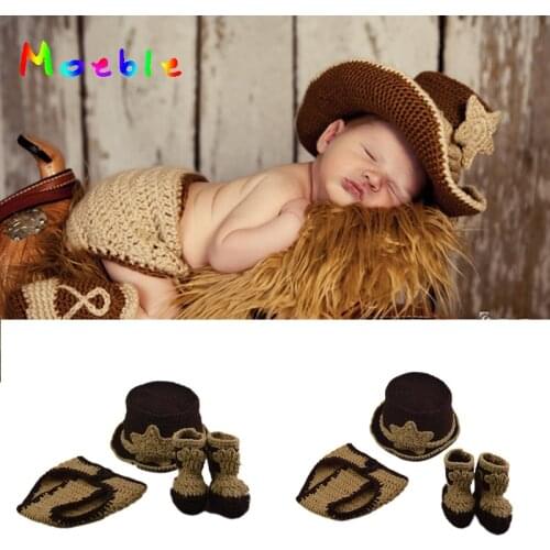 Latest Crochet Western Cowboy Newborn Photo Props Baby Boys Cowboy Costume Photo Props Knitted Baby Hat Booties for Photo Shoots