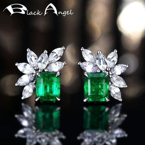 BLACK ANGEL Princess Square Sapphire Emerald Ruby Earrings for Women 925 Silver Blue Gemstone Earrings Stud Jewelry Wholesale