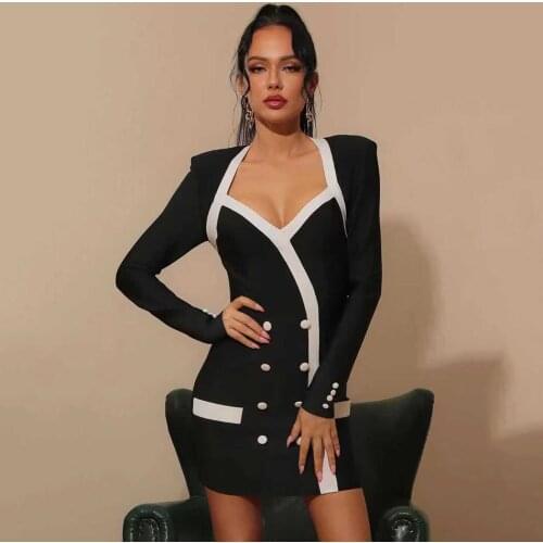 Womens Sexy Long Sleeve V-Neck Double Breasted Contrast Bodycon Bandage Dress 2021 Spring Club Evening Party Dress Vestidos