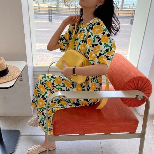 Flower Dress Yellow Robe Longue Puff Sleeve Casual Midi Korean Summer Beach Vestido Festa Ladies Dresses Moda Feminina