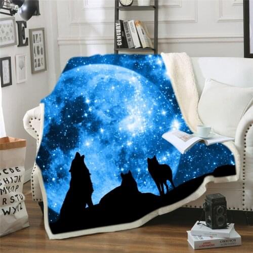 Wolf Winter Warm Blanket Blue Star Moon Print Sherpa Fleece Warm Blanket Home Decor Picnic Blanket for Teens Adults Blanket