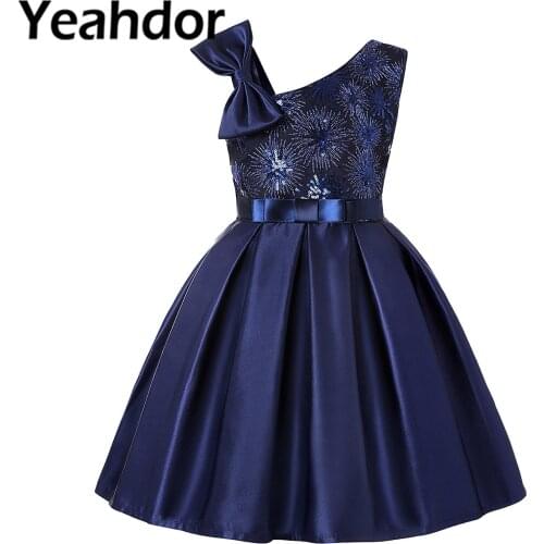 2021 Summer Girls Dress Sequins Satin Princess Party Dress Asymmetric Shoulder Flower Girl Wedding Dress Elegant Girls Dresses