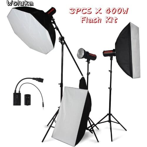 3PCS 400W Flash + 3 Light Stand + 3 Softbox Kit Photo Studio Lighting Set Photography Accessories Trigger Boom Arm CD50 T10