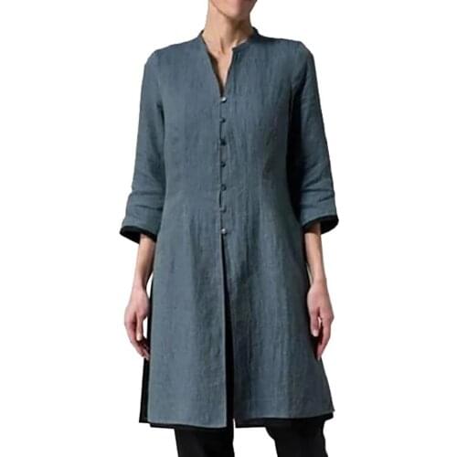 80% New Arrival ！！！Women Vintage 3/4 Sleeve Single-breasted Irregular Hem Tunic Top Long Shirt