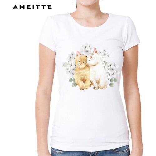 AMEITTE Cute Two Cats T Shirt Fashion Harajuku Animals Tees For Women White Print Geek Style Tops Female