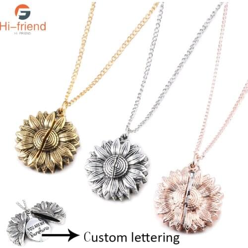 You are my Sunshine Pendant Necklace Custom Lettering Women Gold Open Locket Sunflower Necklaces Accessories Gift Jewelry