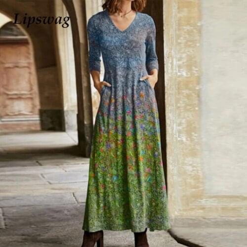 Elegant Women V-Neck Maxi Dress 2021 Spring Long Sleeve Fashion Party Dresses Ladies Vintage Gradient Floral Print Dress Vestido