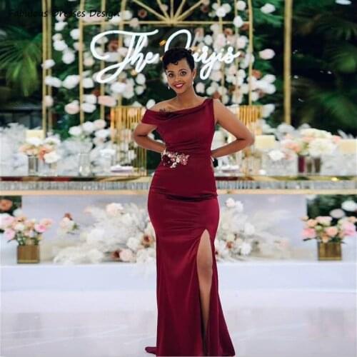 Elegant Side Split Prom Dresses Burgundy Mermaid Applique Long Robe De Soirée 2021 Long Wedding Party Dress