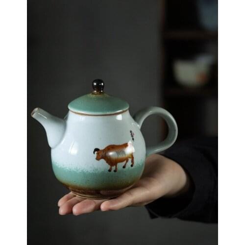 Japanese Style Kiln Baked Stone Celadon Glaze Ceramic Teapot Small Single Teapot Hand Ewer Retro Kung Fu Tea Teaware Tea Kettle