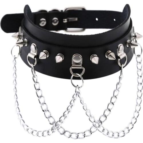 Gothic Punk Leather Choker Necklaces For Women Men Teens Grunge Silver Black Chains Spikes Necklaces Fashion Jewelry