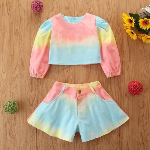 Summer Fashion Kids Girls 1-6Y Clothes Sets Tie-Dye Printed Long Sleeve T Shirts Tops Shorts Trousers 2pcs