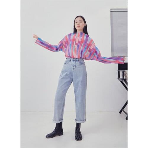 HOT SELLING Miyake FASHION The New fold stripe Gradient Batwing sleeves stand neck T-shirt IN STOCK