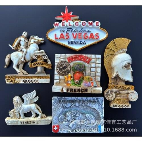 Fridge Magnet Decor City Souvenir USA Las Vegas Italy Flying Lion Statue France Switzerland Greek Spartacus Helmet Knight Crafts
