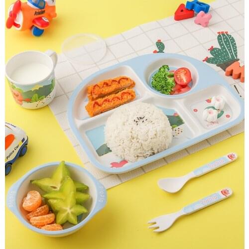 5pcs/ Set Cartoon Baby Dinner Plate Set Eco-friendly Bamboo Fiber Tableware Childrens Meal Compartment Lunch Plate