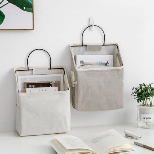 Wall Mounted Storage Bag Dormitory Bedside 4 Colors Fabric Hanging Basket Bedroom Organizer Bag Book Magazines Phone Holder Hook